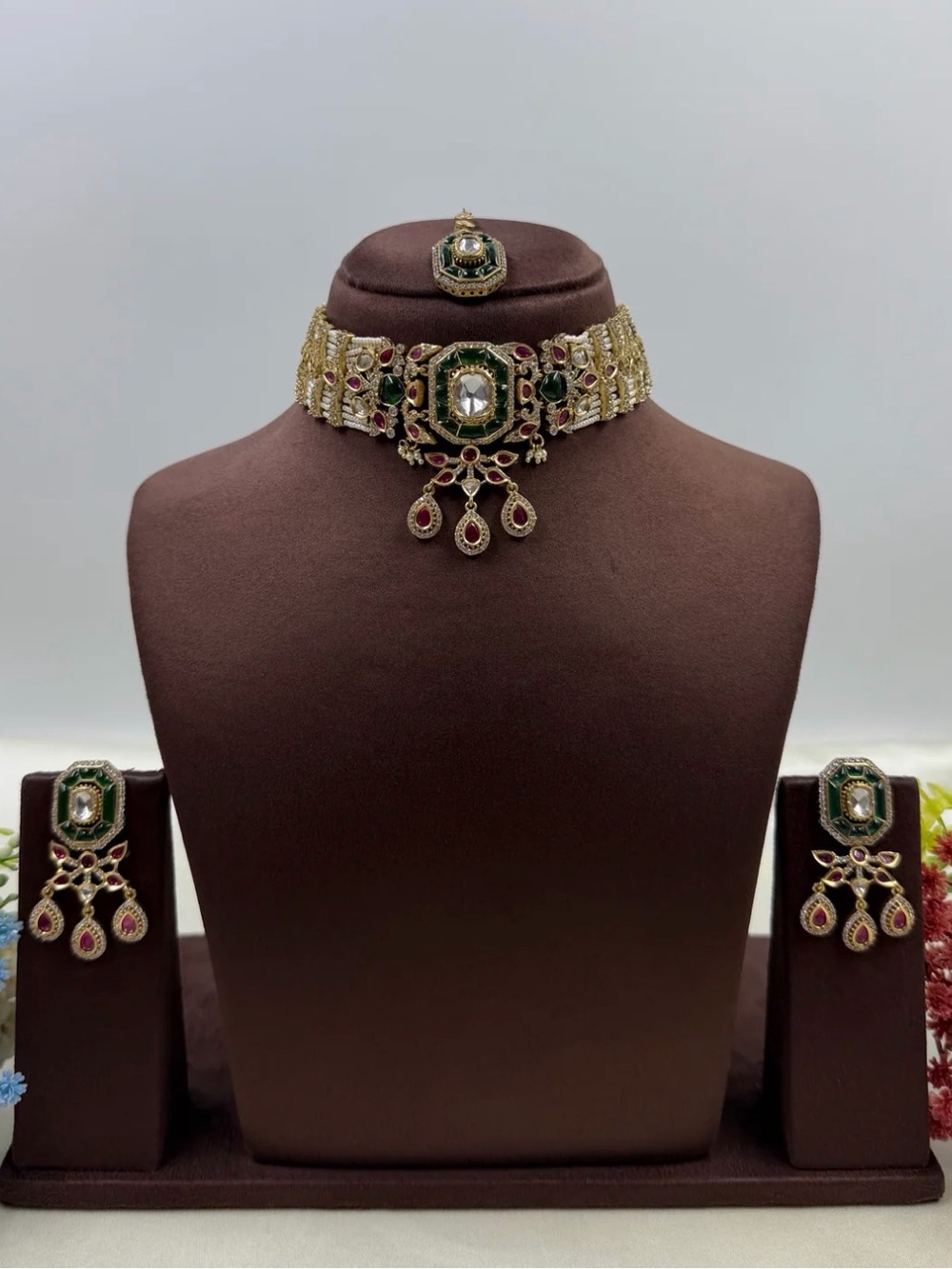 Gold-Tone Green and Red Kundan Choker Necklace Set
